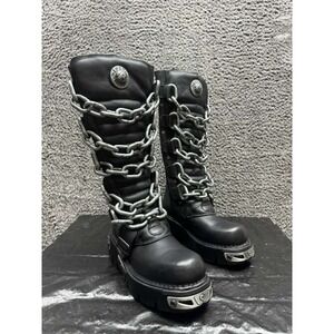 New Rock Genuine Leather Metallic M-718-C2 Chain High Boots Black Womens Size 39